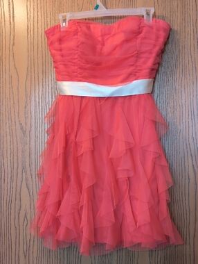 Strapless Coral Ruffle Party Dress with White Waistband Size 13